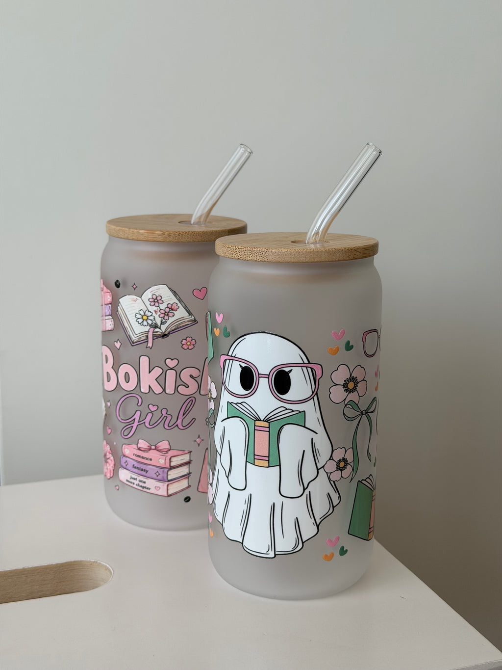 Book Ghost frosted Glass - med bambuslokk og glassugerør