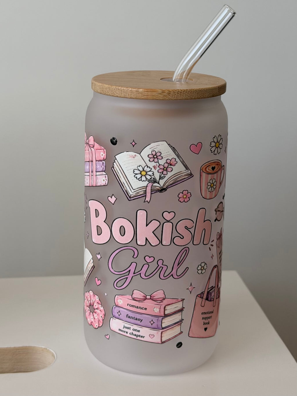 Bookish Girl frosted Glass - med bambuslokk og glassugerør