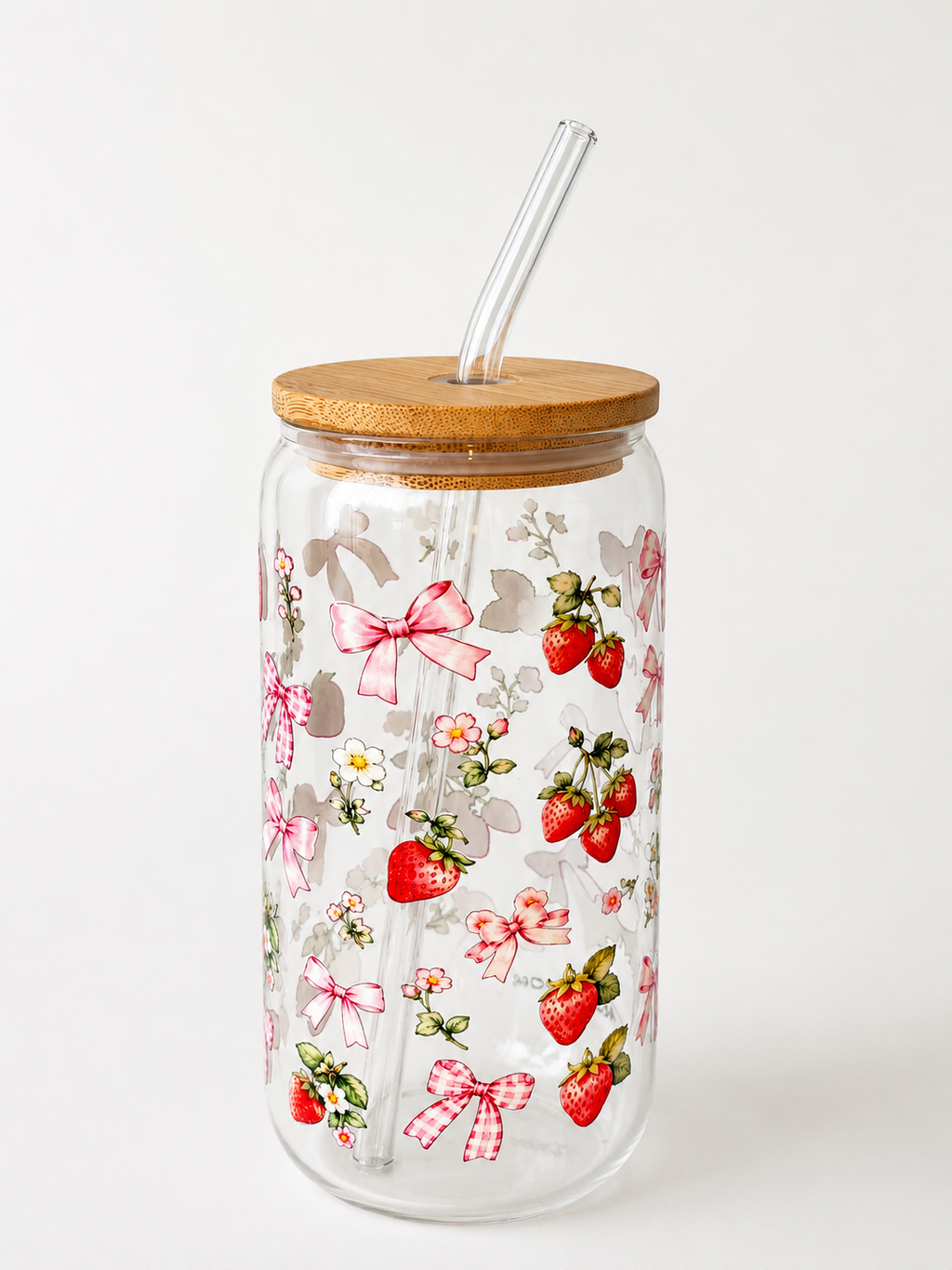 Berry Bow Tumbler – Glasskopp med bambuslokk og glassugerør
