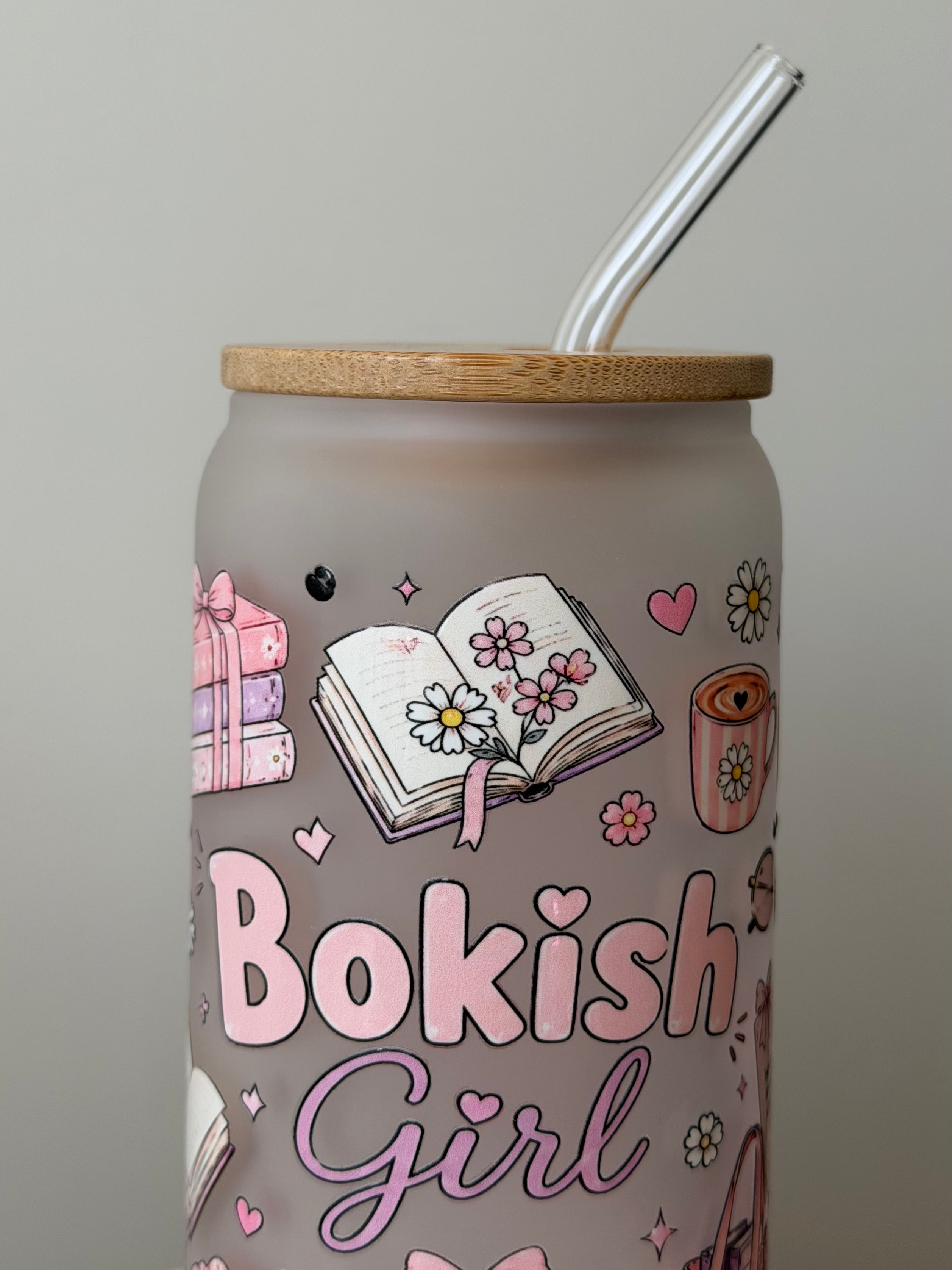 Bookish Girl frosted Glass - med bambuslokk og glassugerør