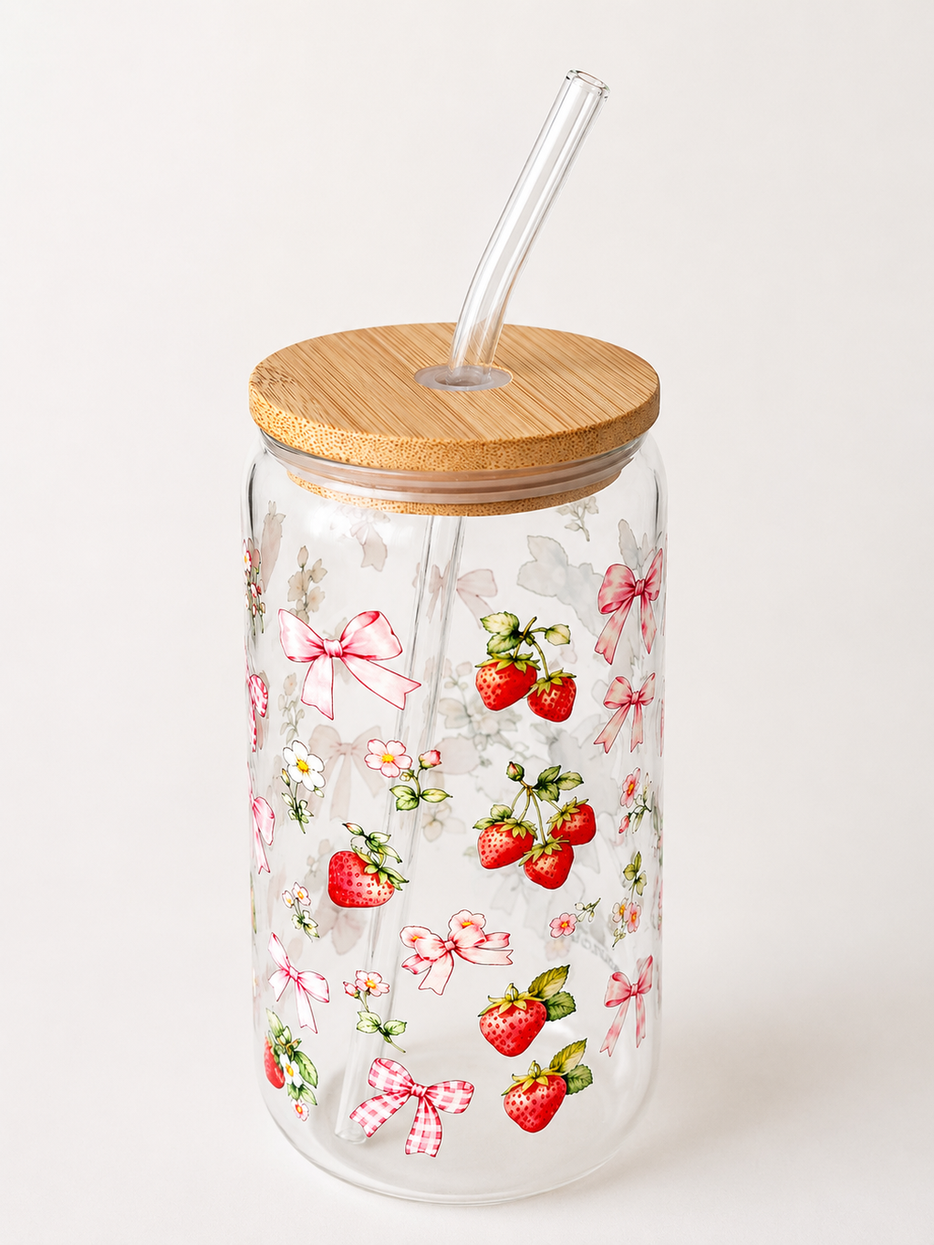 Berry Bow Tumbler – Glasskopp med bambuslokk og glassugerør